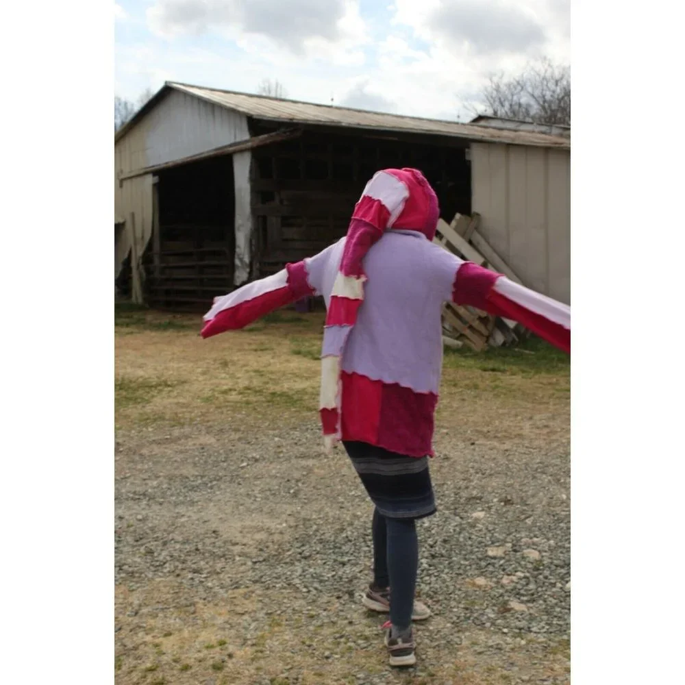 Upcycled Sweater Pink Red LL Bean Heavy XL/XXL 23" Bust Hooded Elven Fairy Boho - Picture 10 of 12